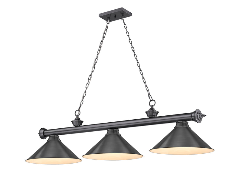 Cordon 3 Light 57.25" Billiard, Metal Shades in Bronze Plate