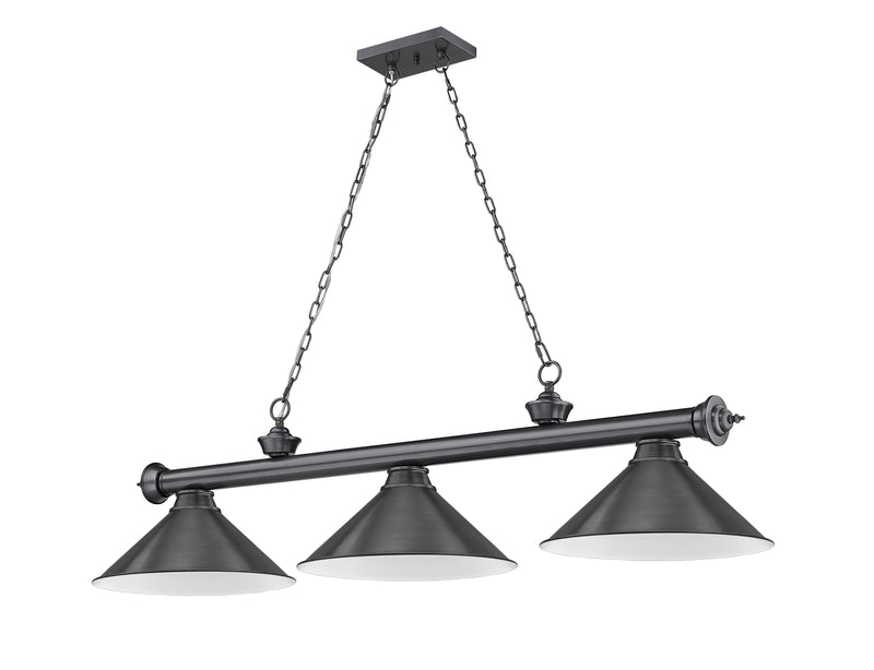 Cordon 3 Light 57.25" Billiard, Metal Shades in Bronze Plate