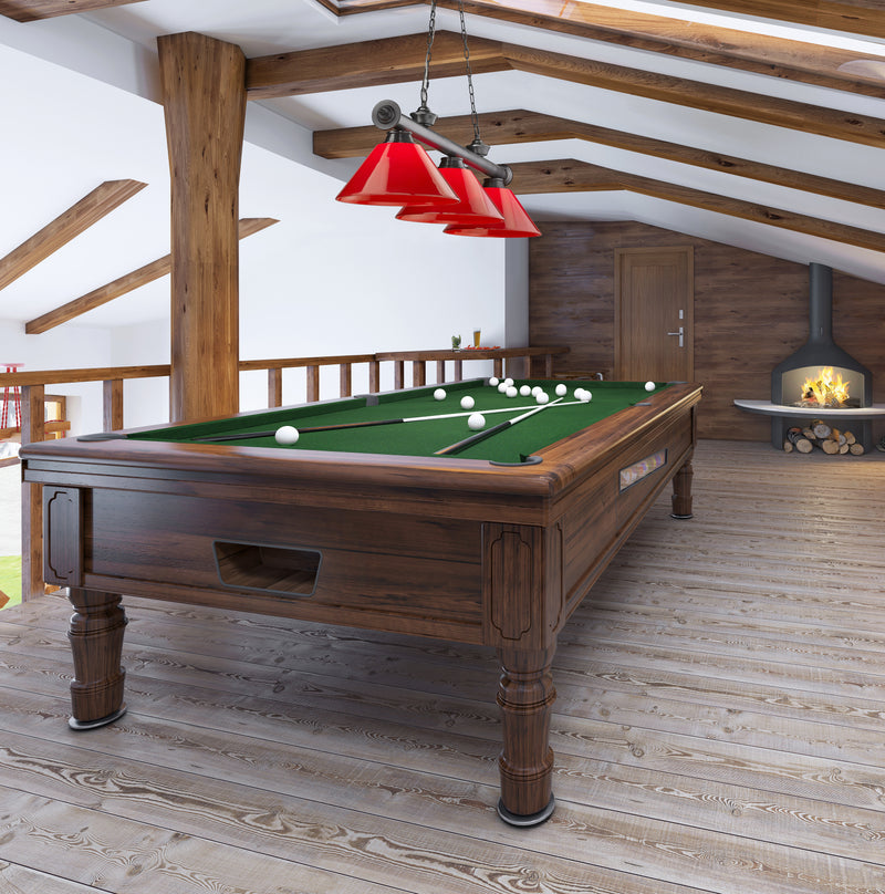 Cordon 3 Light 57.25" Billiard, Plastic Shades in Bronze Plate in a room setting