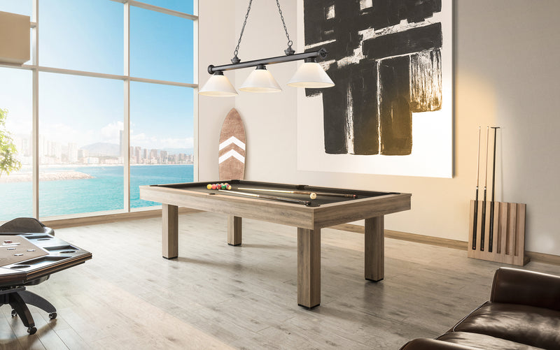 Cordon 3 Light 57.25" Billiard, Plastic Shades in Bronze Plate in a room setting