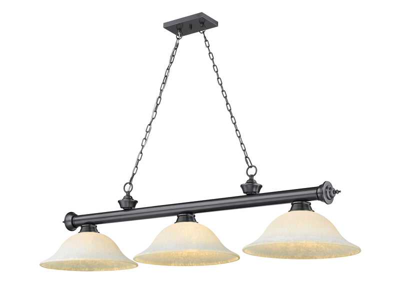 Cordon 3 Light 58" Billiard, Glass Shades in Bronze Plate