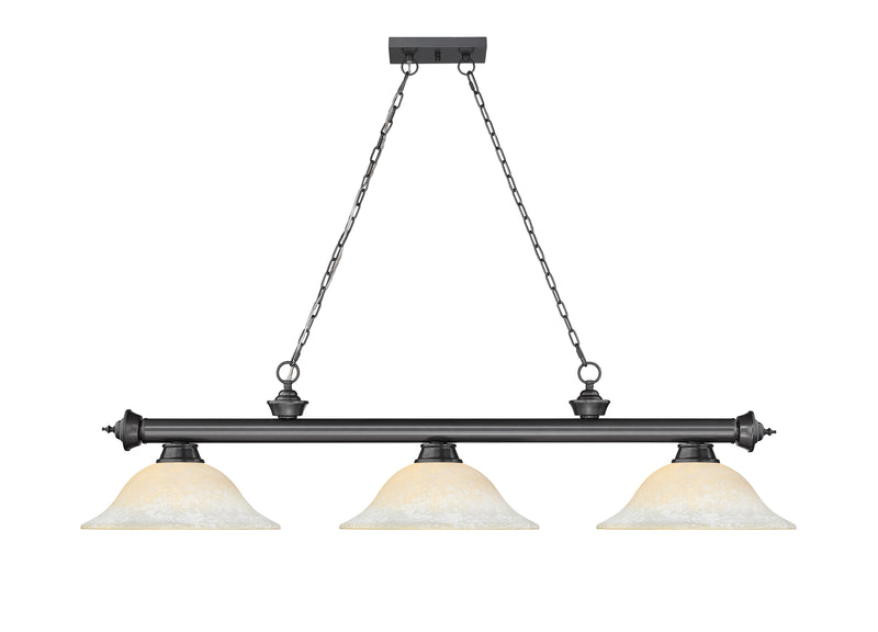 Cordon 3 Light 58" Billiard, Glass Shades in Bronze Plate