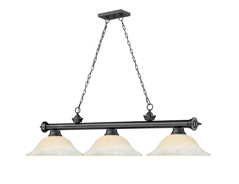 Cordon 3 Light 58" Billiard, Glass Shades in Bronze Plate