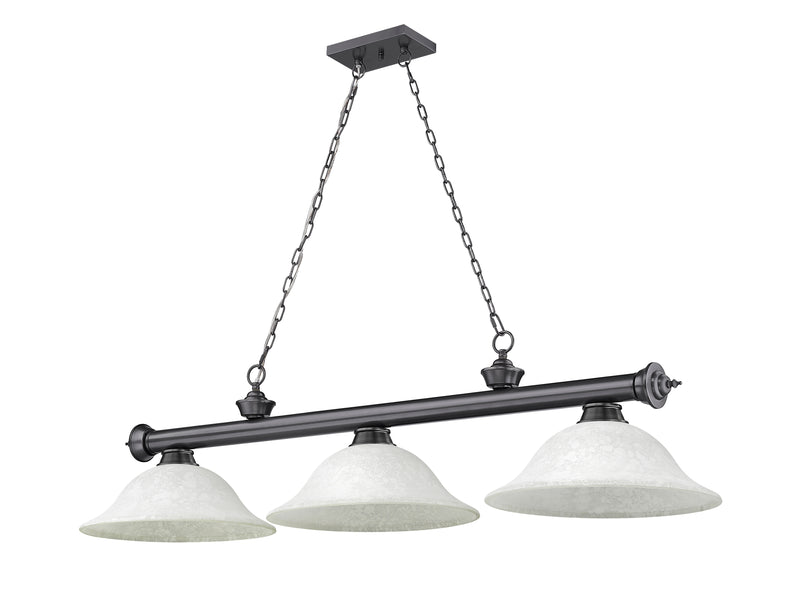 Cordon 3 Light 58" Billiard, Glass Shades in Bronze Plate