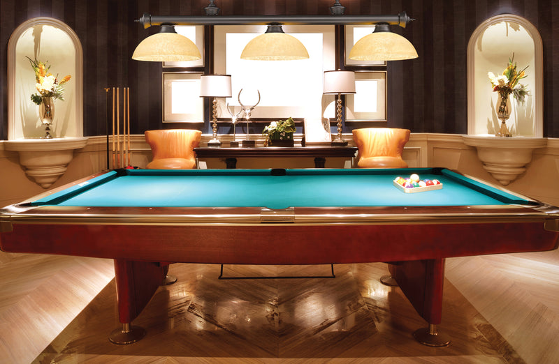 Cordon 3 Light 57.25" Billiard, Glass Shades (D) in Bronze in a room setting