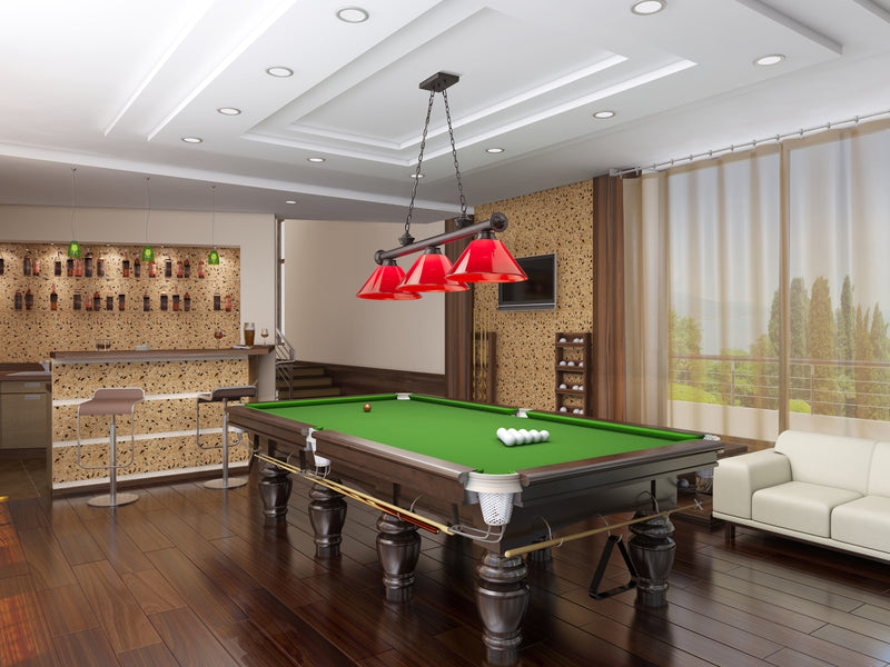 Cordon 3 Light 57.25" Billiard, Plastic Shades in Bronze in a room setting