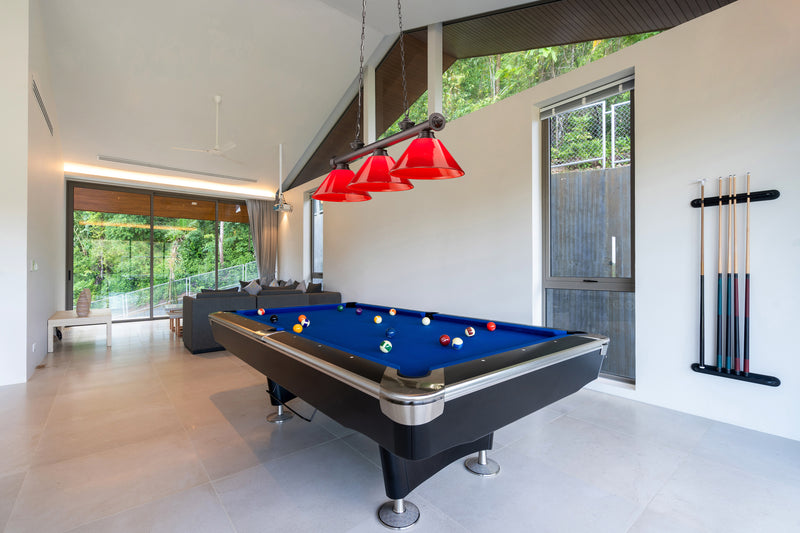 Cordon 3 Light 57.25" Billiard, Plastic Shades in Bronze in a room setting
