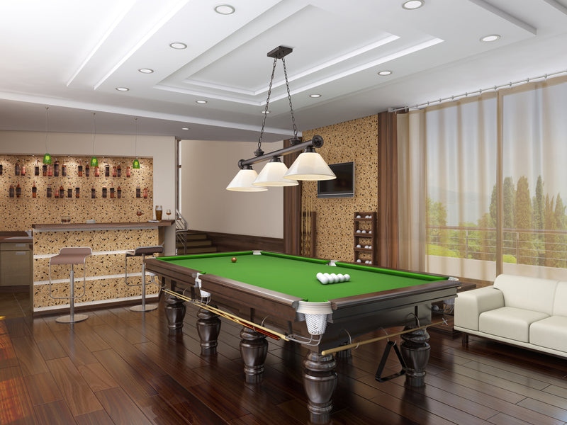 Cordon 3 Light 57.25" Billiard, Plastic Shades in Bronze in a room setting