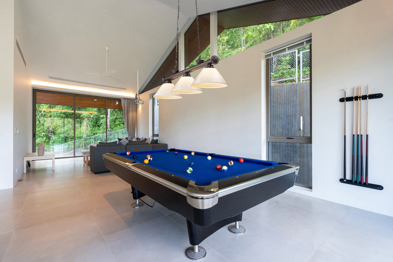 Cordon 3 Light 57.25" Billiard, Plastic Shades in Bronze in a room setting