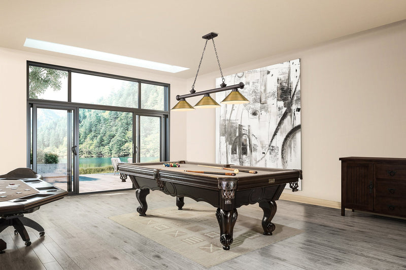 Cordon 3 Light 57.25" Billiard, Metal Shades in Bronze in a room setting