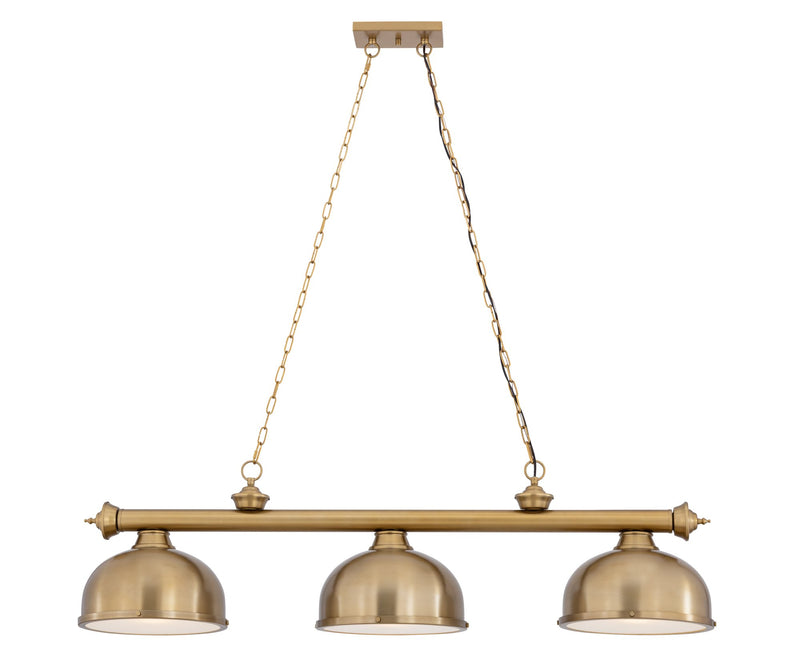Cordon 3 Light 55.25" Billiard, Dome Shades in Heritage Brass