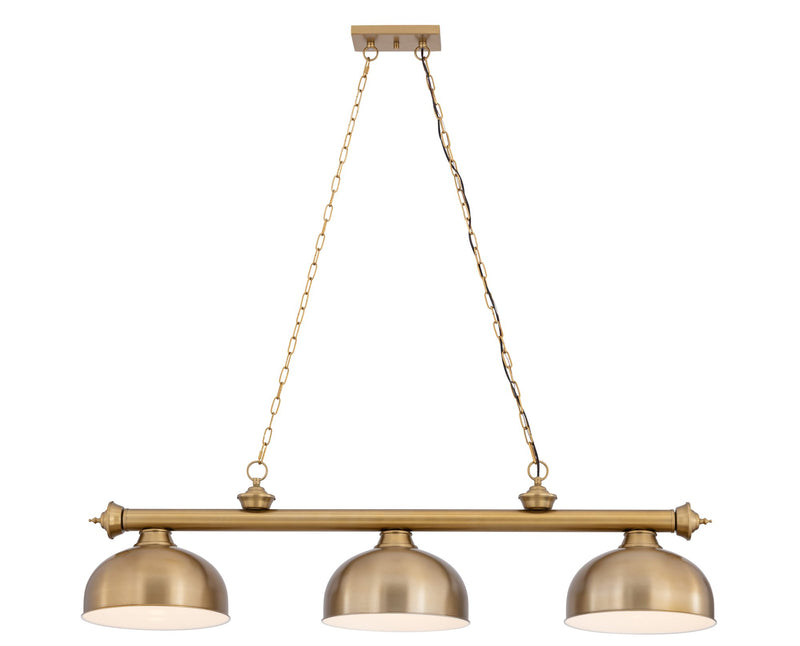 Cordon 3 Light 55.25" Billiard, Dome Shades in Heritage Brass