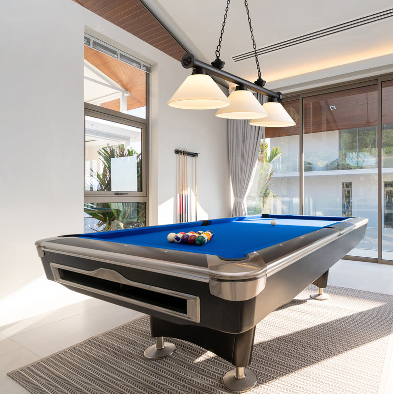 Cordon 3 Light 57.25" Billiard, Glass Shades (A) in Matte Black in a room setting