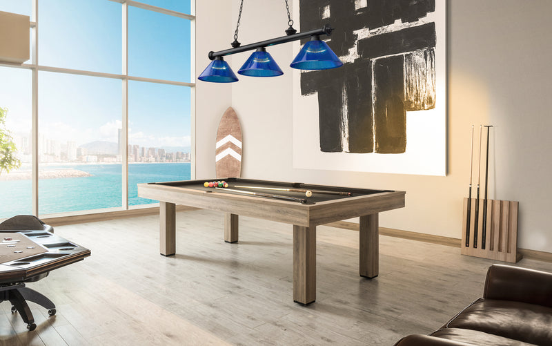 Cordon 3 Light 57.25" Billiard, Acrylic Shades (ARC) in Matte Black in a room setting