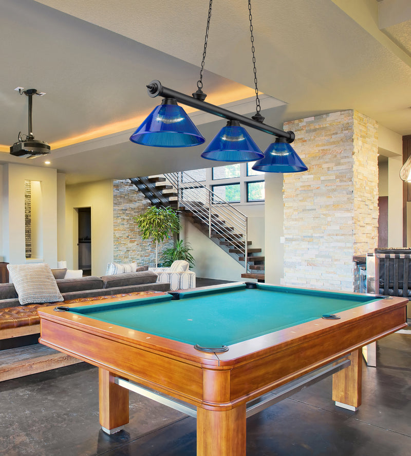 Cordon 3 Light 57.25" Billiard, Acrylic Shades (ARC) in Matte Black in a room setting