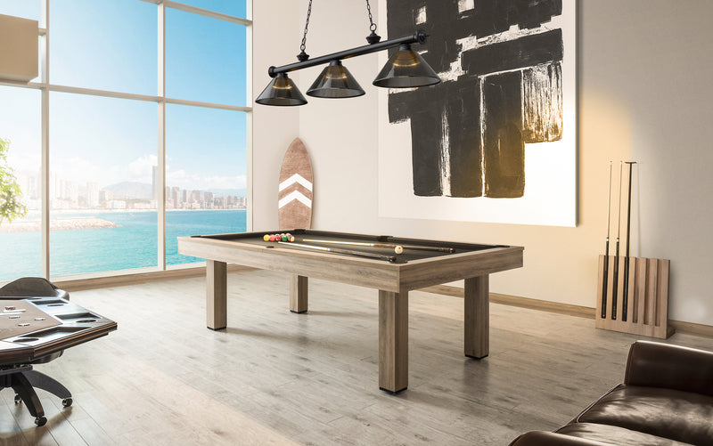 Cordon 3 Light 57.25" Billiard, Acrylic Shades (ARC) in Matte Black in a room setting