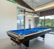 Cordon 3 Light 57.25" Billiard, Metal Shades in Matte Black + Brushed Nickel in a room setting