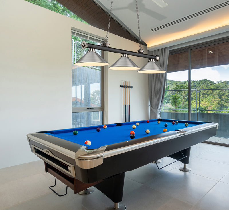 Cordon 3 Light 57.25" Billiard, Metal Shades in Matte Black + Brushed Nickel in a room setting