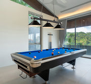 Cordon 3 Light 57.25" Billiard, Metal Shades in Matte Black + Brushed Nickel in a room setting