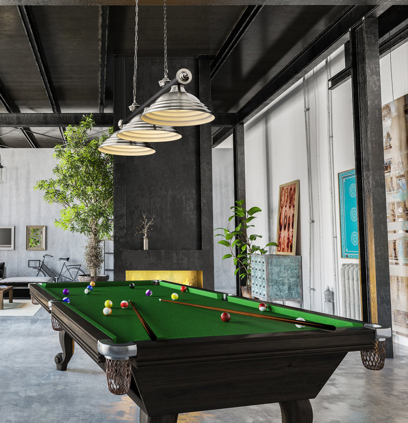 Cordon 3 Light 58" Billiard, Metal Shades (ST) in Matte Black + Brushed Nickel in a room setting