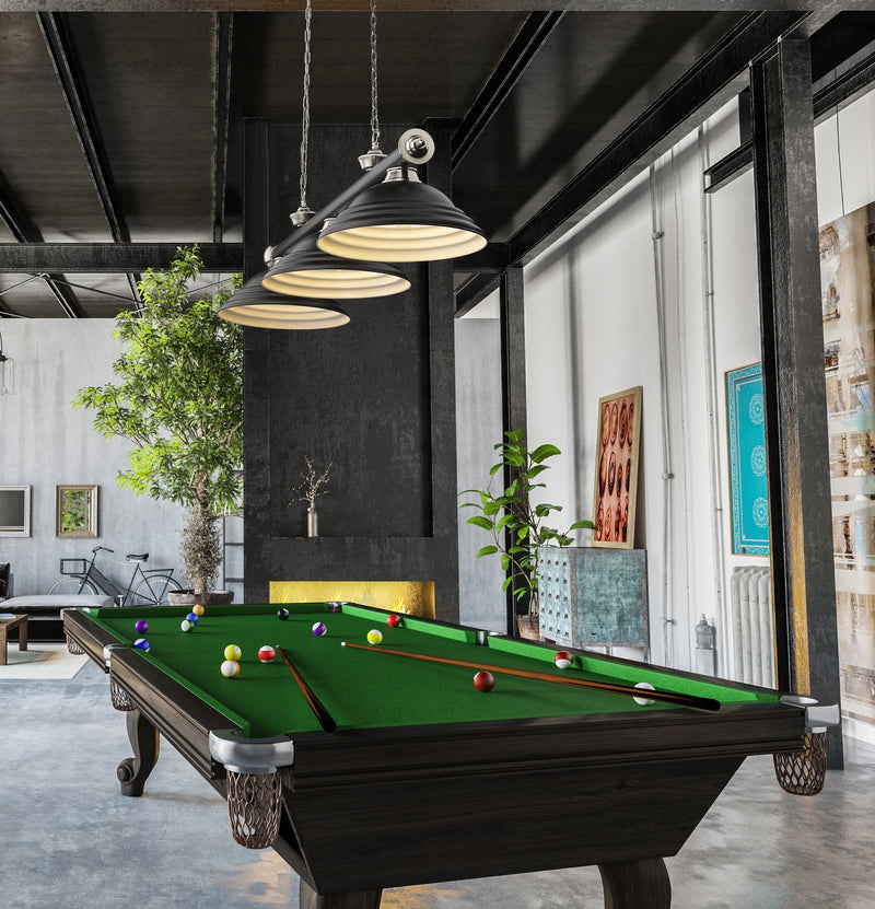 Cordon 3 Light 58" Billiard, Metal Shades (ST) in Matte Black + Brushed Nickel in a room setting