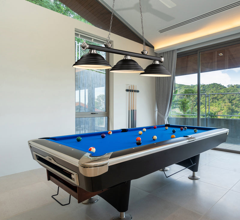 Cordon 3 Light 58" Billiard, Metal Shades (ST) in Matte Black + Brushed Nickel in a room setting