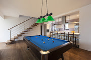 Cordon 3 Light 57.25" Billiard, Plastic Shades in Matte Black in a room setting