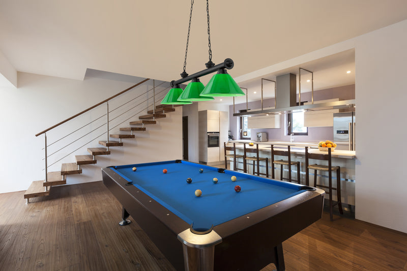 Cordon 3 Light 57.25" Billiard, Plastic Shades in Matte Black in a room setting