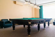 Cordon 4 Light 81.25" Billiard, Glass Shades (A) in Brushed Nickel in a room setting