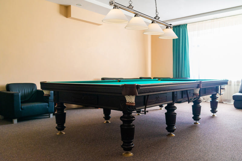 Cordon 4 Light 81.25" Billiard, Glass Shades (A) in Brushed Nickel in a room setting