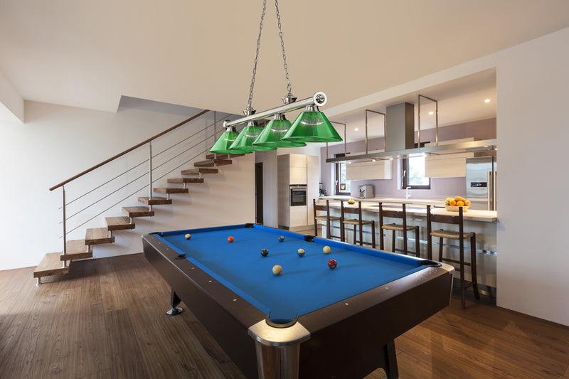 Cordon 4 Light 81.25" Billiard, Acrylic Shades in Brushed Nickel in a room setting