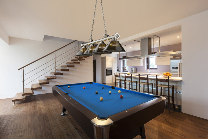 Cordon 4 Light 81.25" Billiard, Acrylic Shades in Brushed Nickel in a room setting