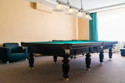 Cordon 4 Light 81.25" Billiard, Glass Shades (A) in Brushed Nickel in a room setting