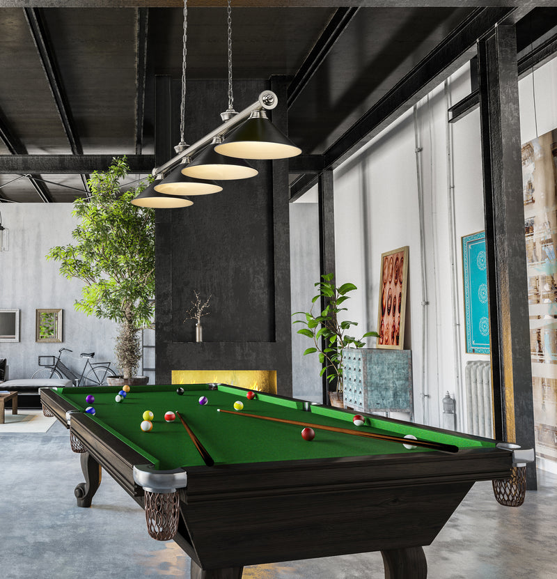 Cordon 4 Light 81.25" Billiard, Brushed Nickel with Matte Black Shades in Brushed Nickel in a room setting