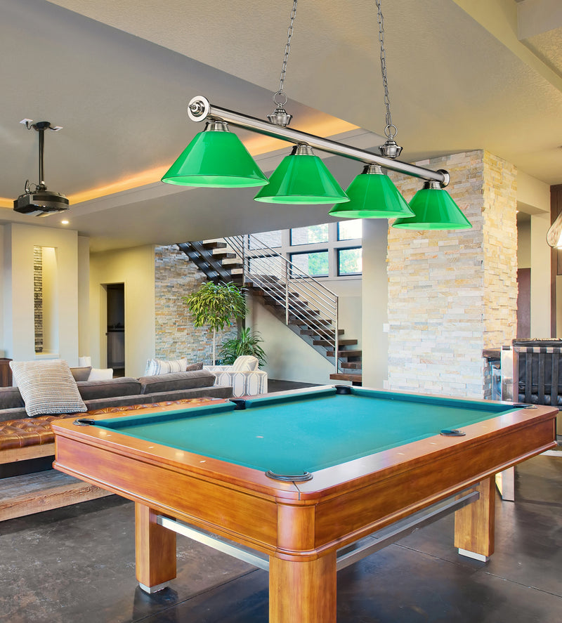 Cordon 4 Light 81.25" Billiard, Plastic Shades in Brushed Nickel in a room setting