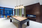 Cordon 4 Light 81.25" Billiard, Plastic Shades in Brushed Nickel in a room setting
