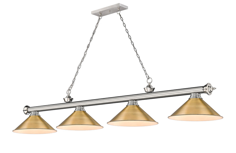 Cordon 4 Light 81.25" Billiard, Brushed Nickel with Rubbed Brass Shades in Brushed Nickel