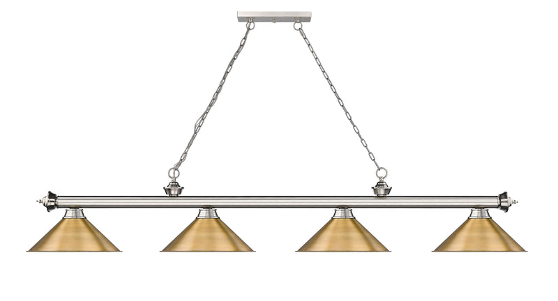 Cordon 4 Light 81.25" Billiard, Brushed Nickel with Rubbed Brass Shades in Brushed Nickel