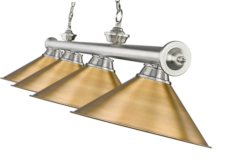 Cordon 4 Light 81.25" Billiard, Brushed Nickel with Rubbed Brass Shades in Brushed Nickel