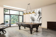 Cordon 4 Light 81.25" Billiard, Brushed Nickel with Rubbed Brass Shades in Brushed Nickel in a room setting
