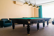 Cordon 4 Light 81.25" Billiard, Brushed Nickel with Rubbed Brass Shades in Brushed Nickel in a room setting