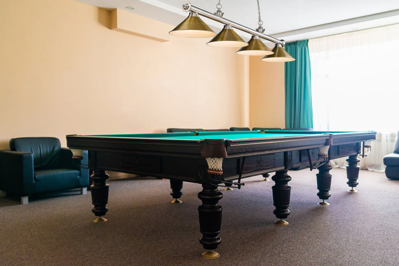 Cordon 4 Light 81.25" Billiard, Brushed Nickel with Rubbed Brass Shades in Brushed Nickel in a room setting