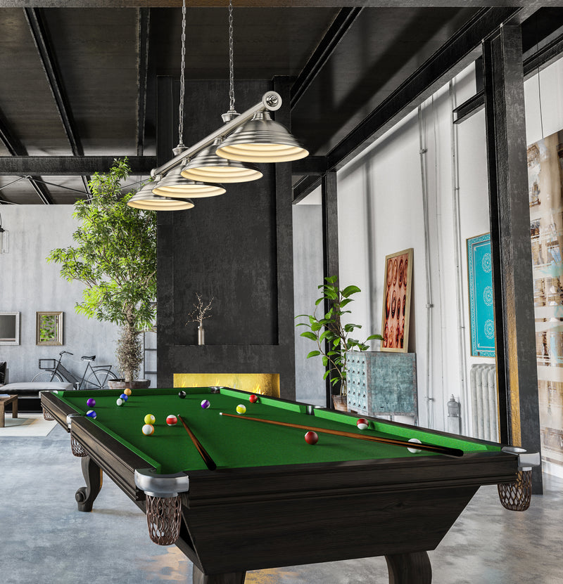 Cordon 4 Light 81.75" Billiard, Metal Shades (ST) in Brushed Nickel in a room setting