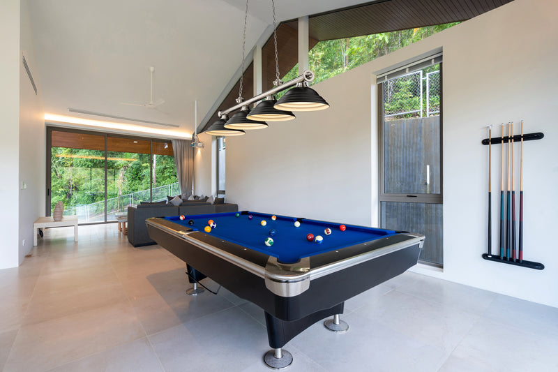 Cordon 4 Light 81.75" Billiard, Metal Shades (ST) in Brushed Nickel in a room setting