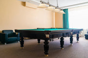 Cordon 4 Light 81.75" Billiard, Glass Shades in Brushed Nickel in a room setting