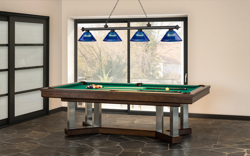 Cordon 4 Light 81.25" Billiard, Acrylic Shades in Bronze Plate in a room setting