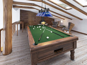 Cordon 4 Light 81.25" Billiard, Acrylic Shades in Bronze Plate in a room setting
