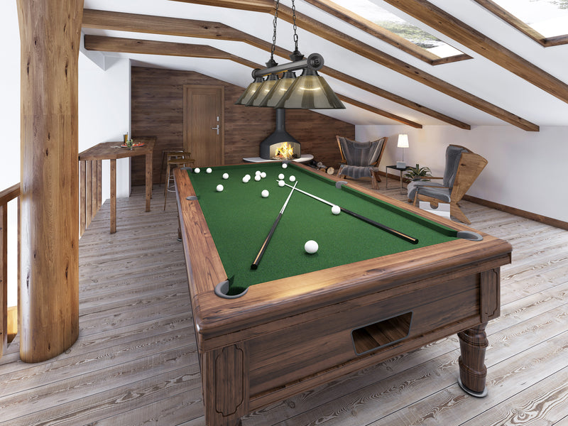 Cordon 4 Light 81.25" Billiard, Acrylic Shades in Bronze Plate in a room setting