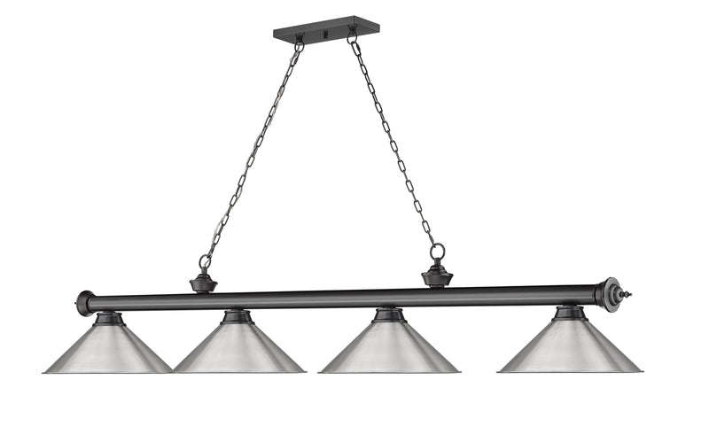 Cordon 4 Light 81.25" Billiard, Bronze Plate with Brushed Nickel Shades in Bronze Plate