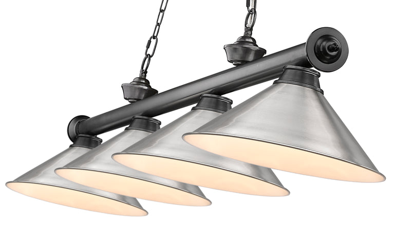 Cordon 4 Light 81.25" Billiard, Bronze Plate with Brushed Nickel Shades in Bronze Plate
